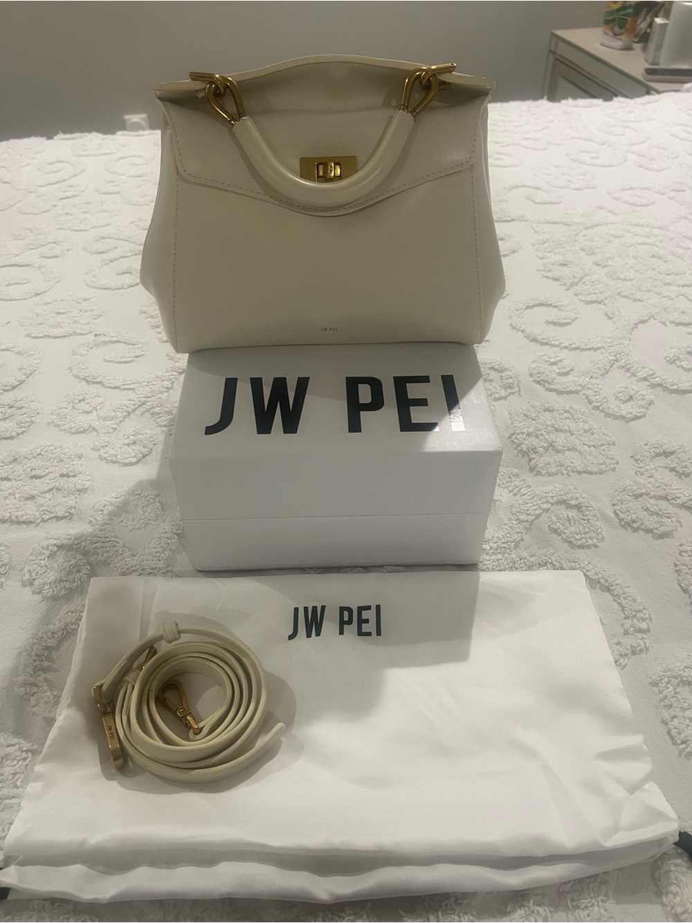 JW PEI Cream Structured Top-Handle Satchel with Gold Hardware